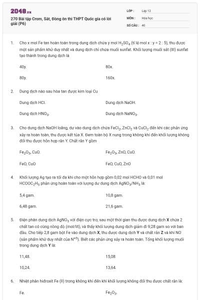 270 Bài tập Crom, Sắt, Đồng ôn thi THPT Quốc gia có lời giải (P6)