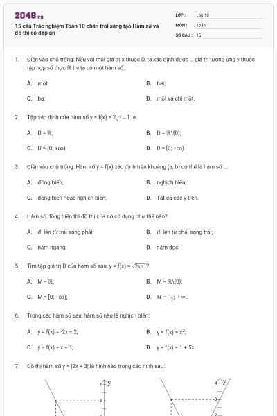 15 câu Trắc nghiệm Toán 10 chân trời sáng tạo Hàm số và đồ thị có đáp án