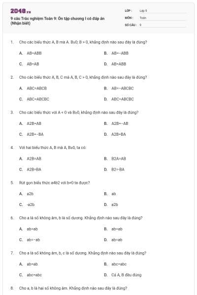 9 câu Trắc nghiệm Toán 9: Ôn tập chương I có đáp án (Nhận biết)