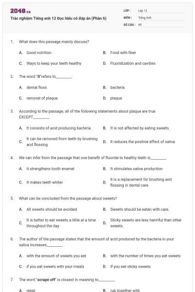 Trắc nghiệm Tiếng anh 12 Đọc hiểu có đáp án (Phần 6)