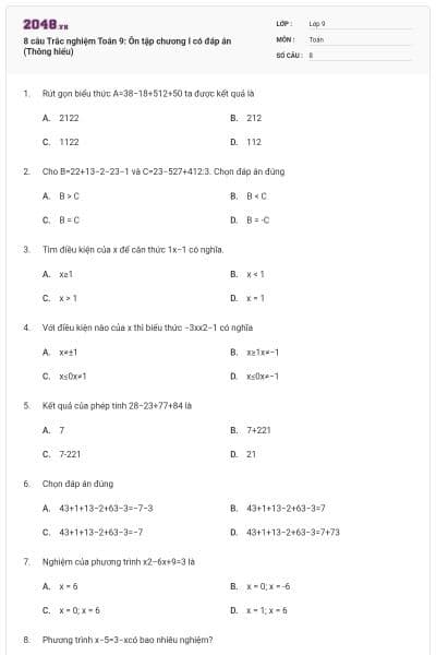8 câu Trắc nghiệm Toán 9: Ôn tập chương I có đáp án (Thông hiểu)