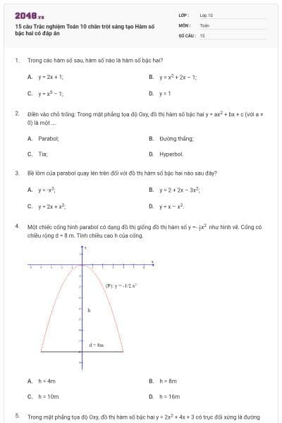 15 câu Trắc nghiệm Toán 10 chân trời sáng tạo Hàm số bậc hai có đáp án