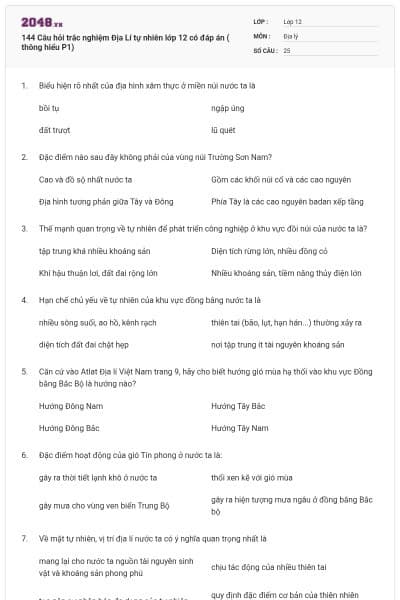 144 Câu hỏi trắc nghiệm Địa Lí tự nhiên lớp 12 có đáp án ( thông hiểu P1)