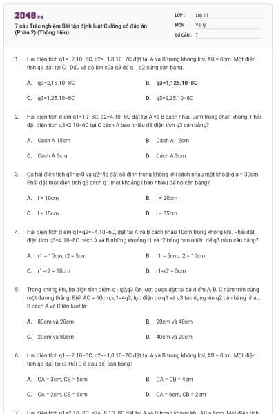 7 câu Trắc nghiệm Bài tập định luật Culông có đáp án (Phần 2) (Thông hiểu)