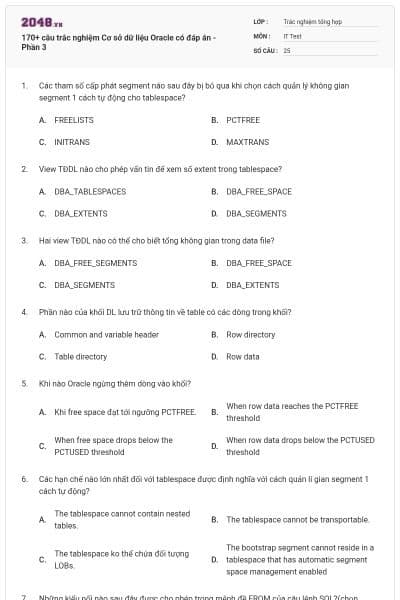 170+ câu trắc nghiệm Cơ sở dữ liệu Oracle có đáp án - Phần 3