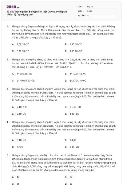 13 câu Trắc nghiệm Bài tập định luật Culông có đáp án (Phần 2) (Vận dụng cao)