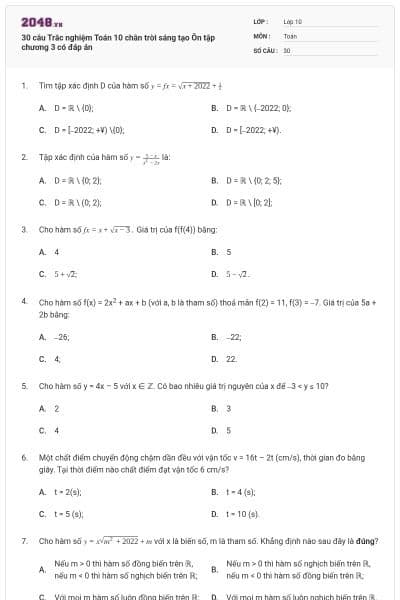 30 câu Trắc nghiệm Toán 10 chân trời sáng tạo Ôn tập chương 3 có đáp án