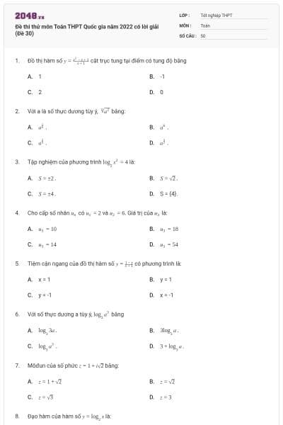 Đề thi thử môn Toán THPT Quốc gia năm 2022 có lời giải (Đề 30)
