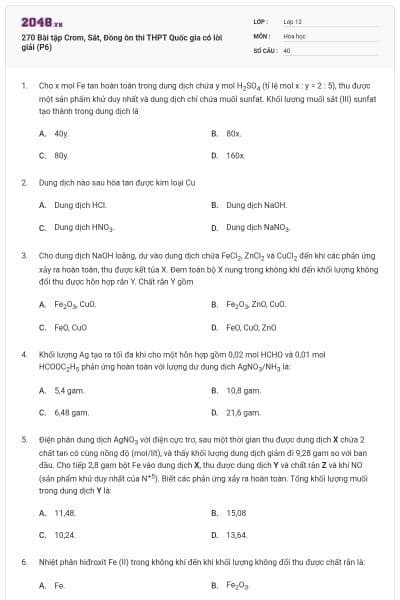 270 Bài tập Crom, Sắt, Đồng ôn thi THPT Quốc gia có lời giải (P6)