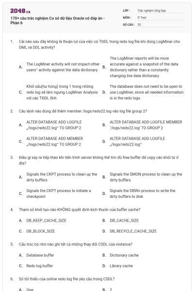 170+ câu trắc nghiệm Cơ sở dữ liệu Oracle có đáp án - Phần 6
