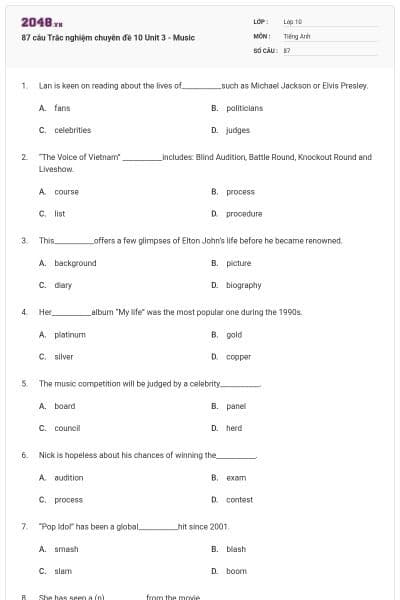 87 câu Trắc nghiệm chuyên đề 10 Unit 3 - Music