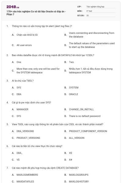 170+ câu trắc nghiệm Cơ sở dữ liệu Oracle có đáp án - Phần 7
