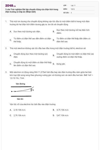 3 câu Trắc nghiệm Bài tập chuyển động của điện tích trong điện trường có đáp án (Nhận biết)