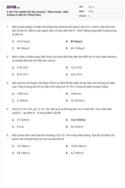 5 câu Trắc nghiệm Ôn tập chương 1: Điện trường - Điện trường có đáp án (Thông hiểu)