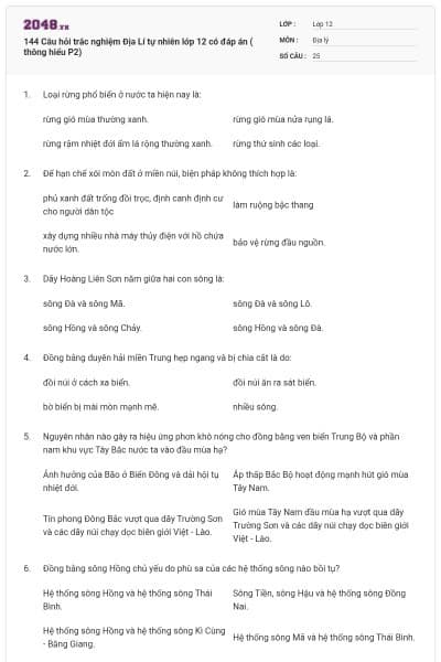144 Câu hỏi trắc nghiệm Địa Lí tự nhiên lớp 12 có đáp án ( thông hiểu P2)