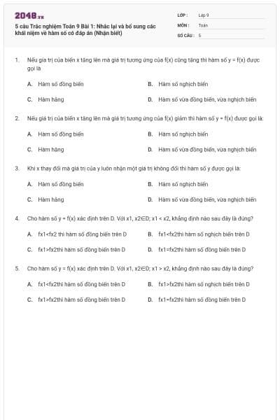 5 câu Trắc nghiệm Toán 9 Bài 1: Nhắc lại và bổ sung các khái niệm về hàm số có đáp án (Nhận biết)
