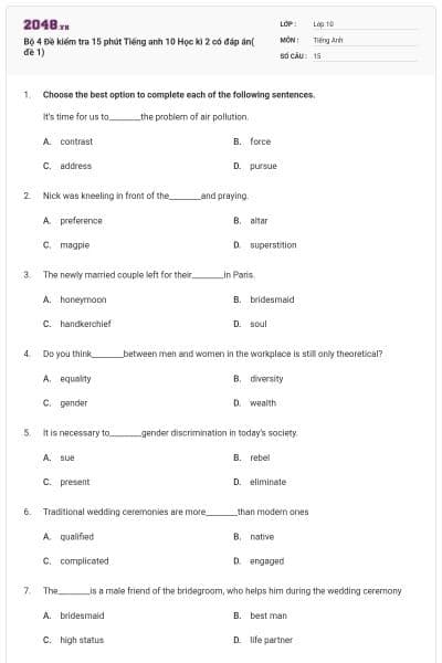 Bộ 4 Đề kiểm tra 15 phút Tiếng anh 10 Học kì 2 có đáp án( đề 1)
