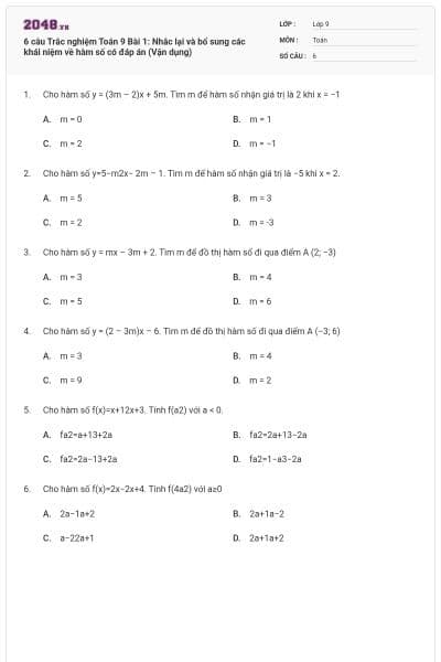 6 câu Trắc nghiệm Toán 9 Bài 1: Nhắc lại và bổ sung các khái niệm về hàm số có đáp án (Vận dụng)