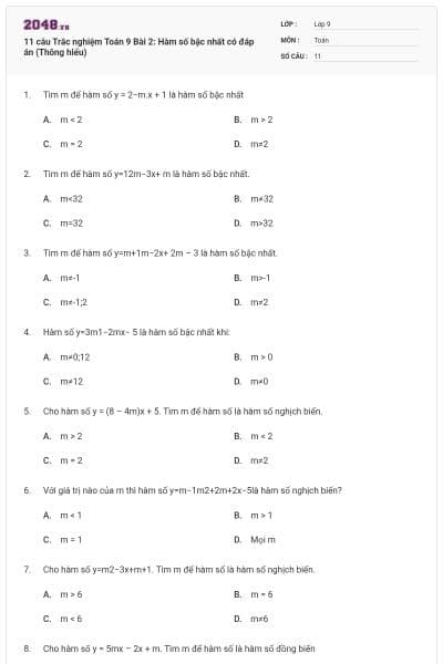 11 câu Trắc nghiệm Toán 9 Bài 2: Hàm số bậc nhất có đáp án (Thông hiểu)