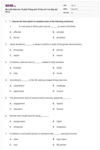 Bộ 4 Đề kiểm tra 15 phút Tiếng anh 10 Học kì 2 có đáp án( đề 2)