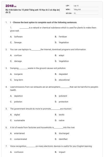 Bộ 4 Đề kiểm tra 15 phút Tiếng anh 10 Học kì 2 có đáp án( đề 3)