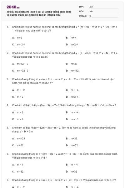 10 câu Trắc nghiệm Toán 9 Bài 2: Đường thẳng song song và đường thẳng cắt nhau có đáp án (Thông hiểu)