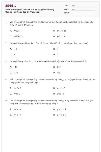 5 câu Trắc nghiệm Toán 9 Bài 5: Hệ số góc của đường thẳng y = ax + b có đáp án (Vận dụng)