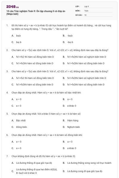 10 câu Trắc nghiệm Toán 9: Ôn tập chương II có đáp án (Nhận biết)
