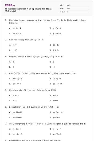 10 câu Trắc nghiệm Toán 9: Ôn tập chương II có đáp án (Thông hiểu)