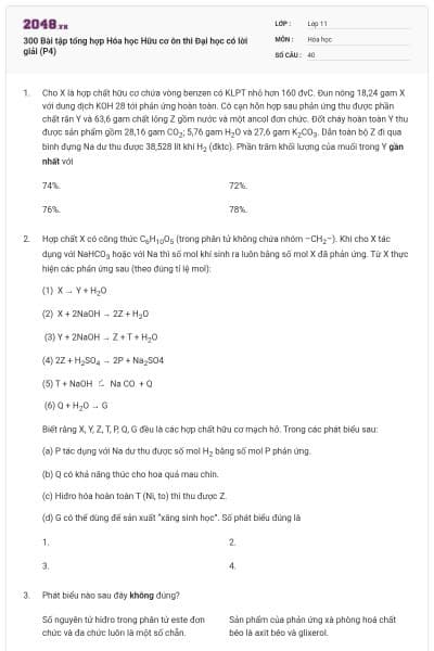300 Bài tập tổng hợp Hóa học Hữu cơ ôn thi Đại học có lời giải (P4)