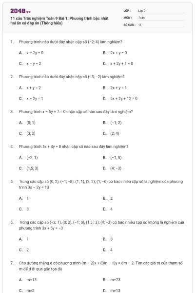 11 câu Trắc nghiệm Toán 9 Bài 1: Phương trình bậc nhất hai ẩn có đáp án (Thông hiểu)