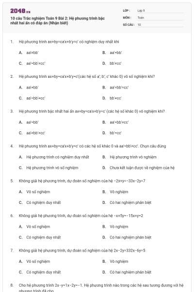 10 câu Trắc nghiệm Toán 9 Bài 2: Hệ phương trình bậc nhất hai ẩn có đáp án (Nhận biết)