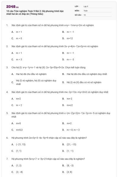 10 câu Trắc nghiệm Toán 9 Bài 2: Hệ phương trình bậc nhất hai ẩn có đáp án (Thông hiểu)