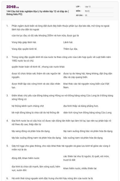 144 Câu hỏi trắc nghiệm Địa Lí tự nhiên lớp 12 có đáp án ( thông hiểu P3)