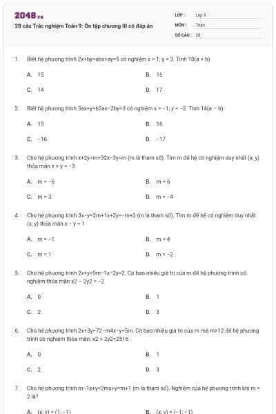 28 câu Trắc nghiệm Toán 9: Ôn tập chương III có đáp án