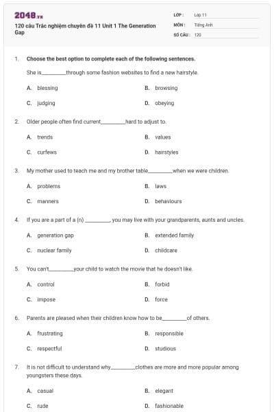120 câu Trắc nghiệm chuyên đề 11 Unit 1 The Generation Gap