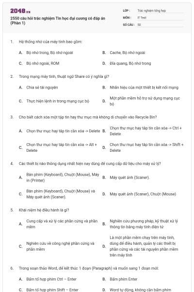 2550 câu hỏi trắc nghiệm Tin học đại cương có đáp án (Phần 1)