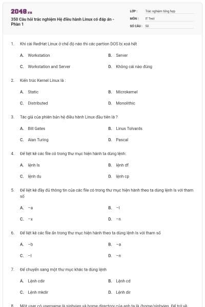 350 Câu hỏi trắc nghiệm Hệ điều hành Linux có đáp án - Phần 1