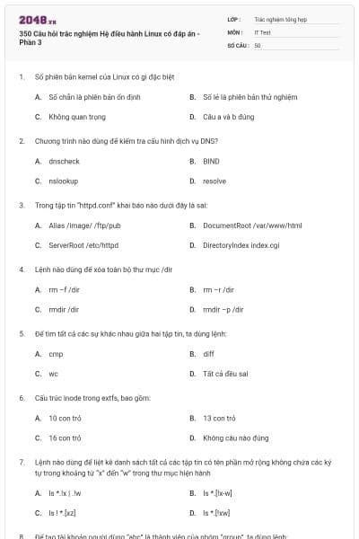 350 Câu hỏi trắc nghiệm Hệ điều hành Linux có đáp án - Phần 3