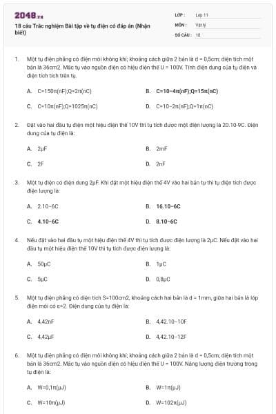 18 câu Trắc nghiệm Bài tập về tụ điện có đáp án (Nhận biết)