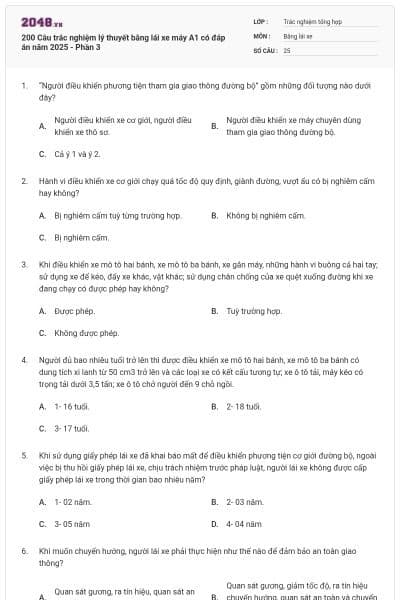 200 Câu trắc nghiệm lý thuyết bằng lái xe máy A1 có đáp án năm 2025 - Phần 3