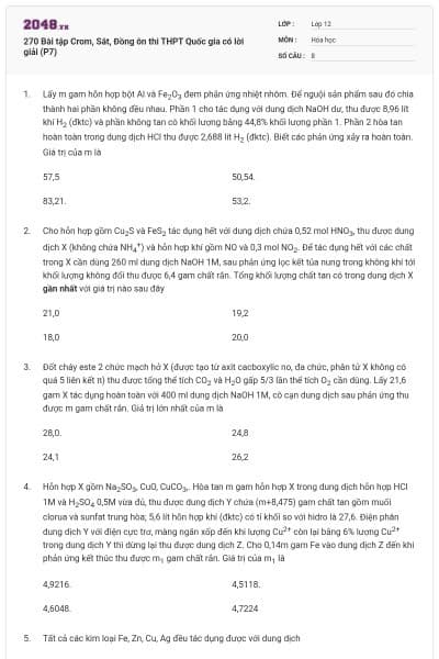 270 Bài tập Crom, Sắt, Đồng ôn thi THPT Quốc gia có lời giải (P7)