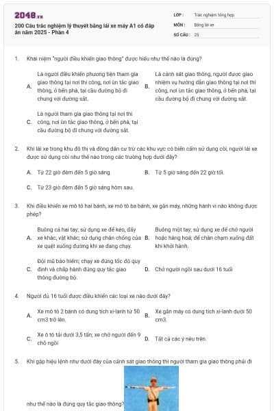200 Câu trắc nghiệm lý thuyết bằng lái xe máy A1 có đáp án năm 2025 - Phần 4