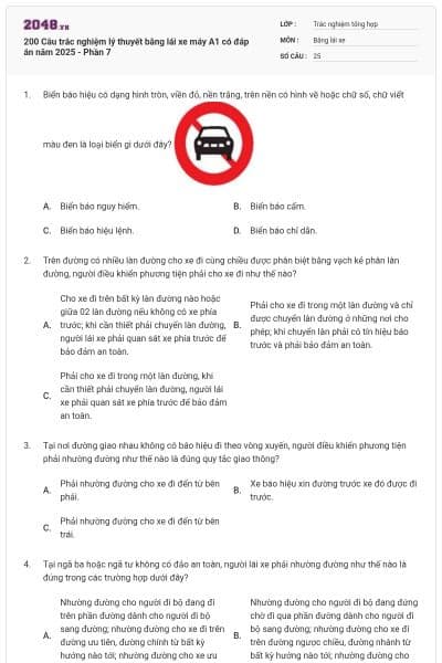 200 Câu trắc nghiệm lý thuyết bằng lái xe máy A1 có đáp án năm 2025 - Phần 7
