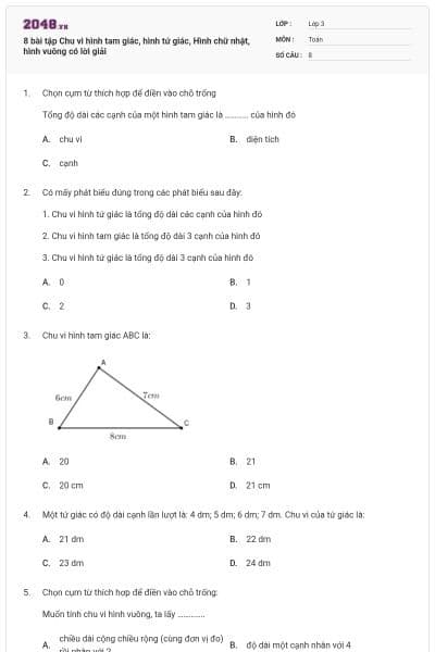 8 bài tập Chu vi hình tam giác, hình tứ giác, Hình chữ nhật, hình vuông có lời giải