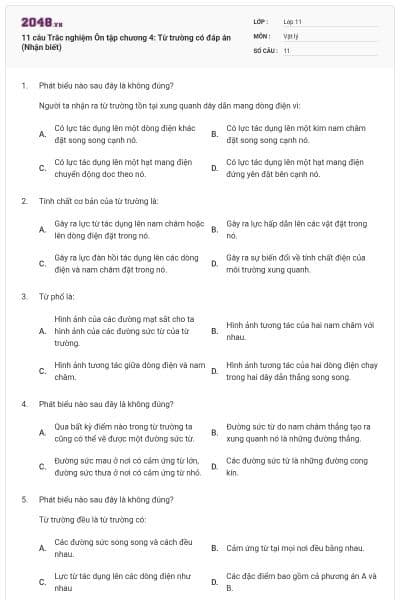 11 câu Trắc nghiệm Ôn tập chương 4: Từ trường có đáp án (Nhận biết)