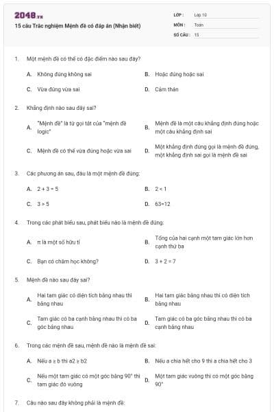 15 câu Trắc nghiệm Mệnh đề có đáp án (Nhận biết)