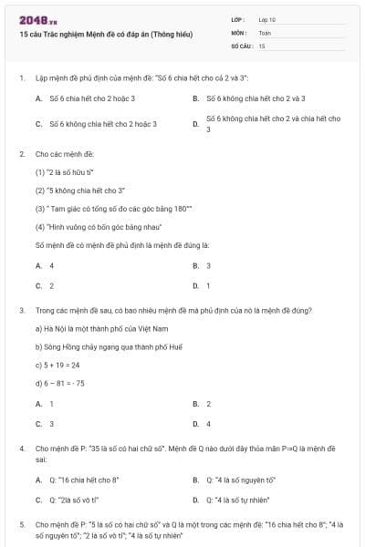 15 câu Trắc nghiệm Mệnh đề có đáp án (Thông hiểu)