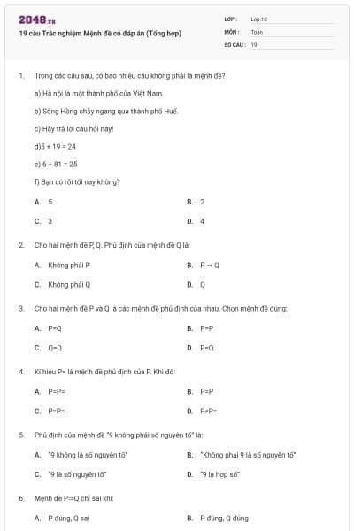19 câu Trắc nghiệm Mệnh đề có đáp án (Tổng hợp)