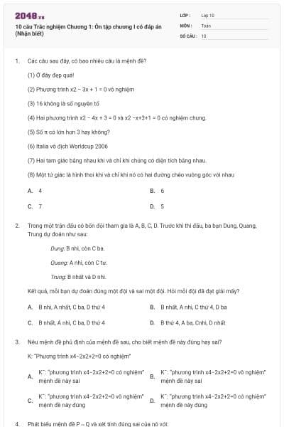 10 câu Trắc nghiệm Chương 1: Ôn tập chương I có đáp án (Nhận biết)